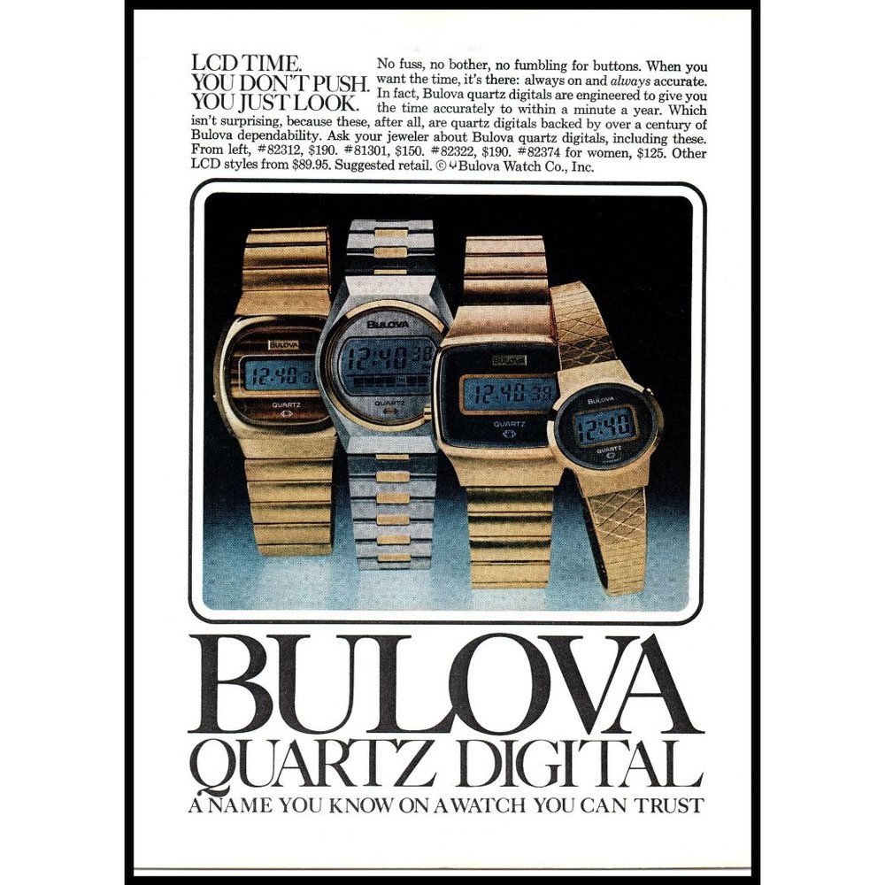 1978 Bulova Quartz Digital Watch Vintage Print Ad Gold Silver Fashion Wall Art